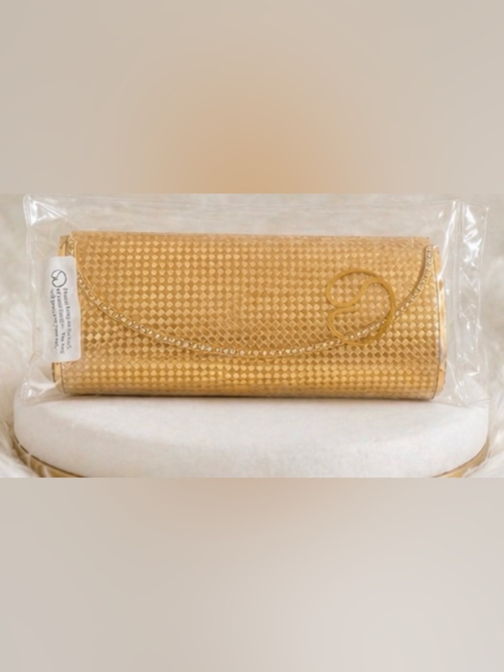 St.John Gold Textured Evening Clutch with Rhinestone embroidery
